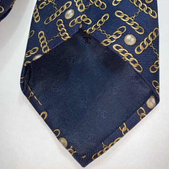 authentic CHANEL silk twill NECKTIE pearl + chains - Picture 4 of 5